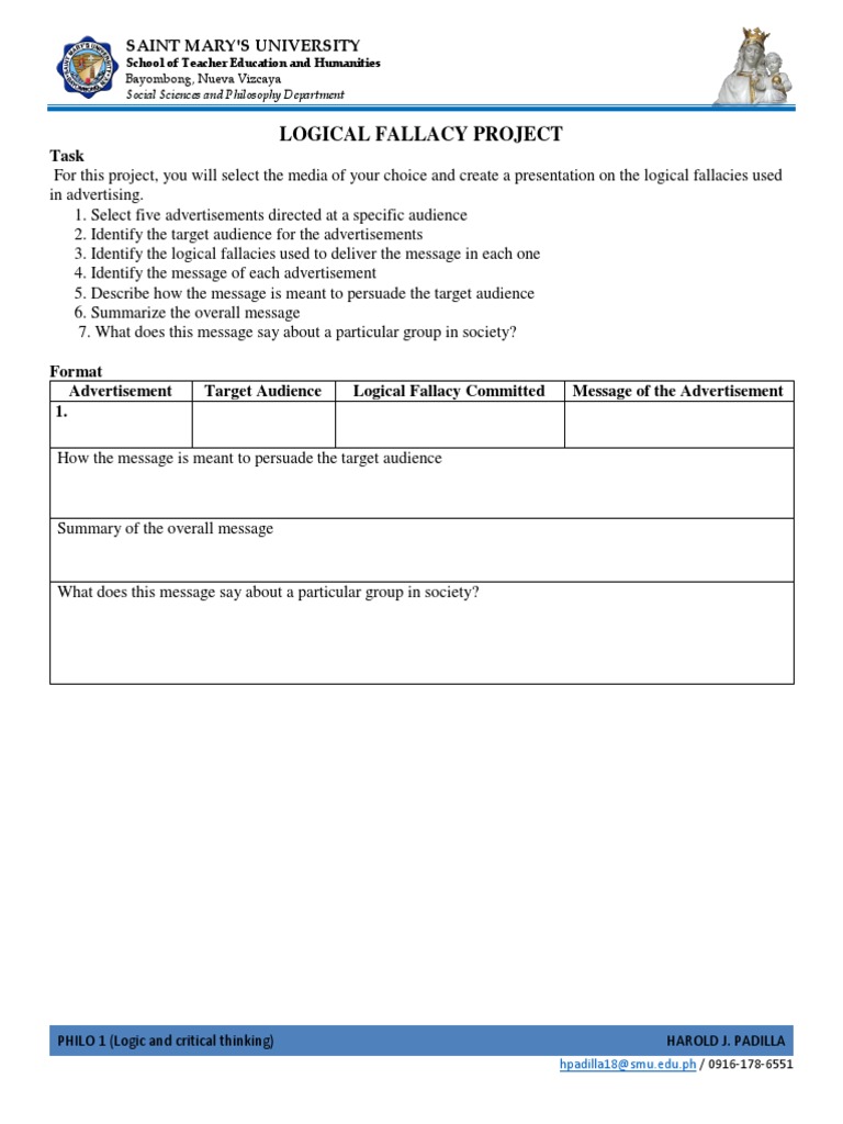 Logical Fallacy Project: Saint Mary'S University | PDF