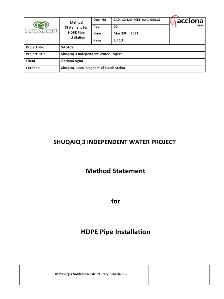 HDPE Pipe Installation Method Statement | PDF | Pipe (Fluid Conveyance ...