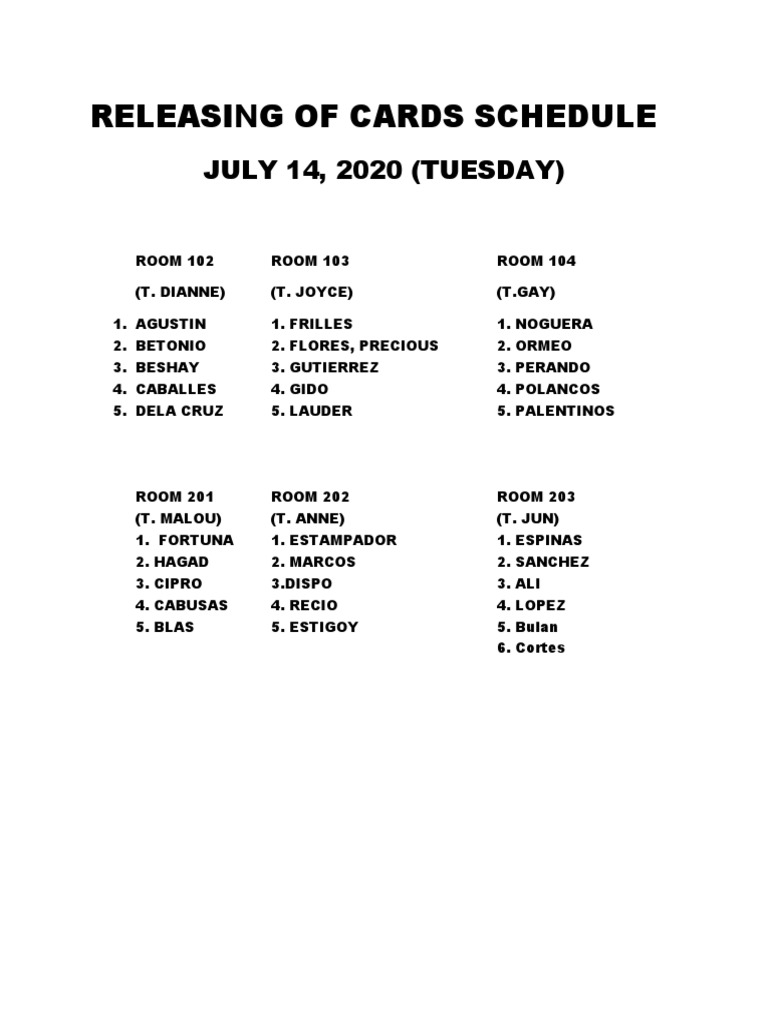 Releasing of Cards Schedule PDF