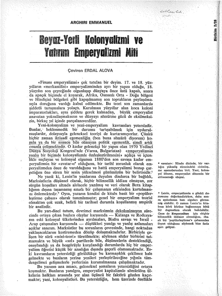Arghiri Emmanuel Beyaz Yerli Kolonyalizmi Ve Yatırım Emperyalizmi