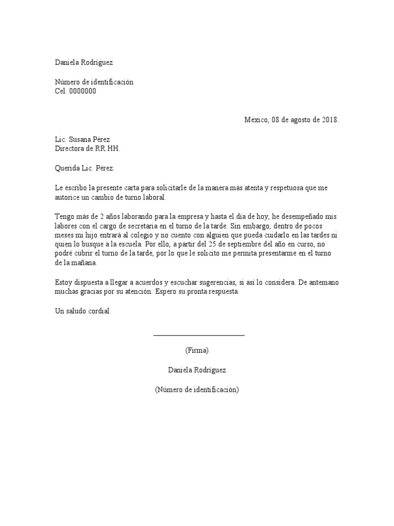 Ejemplo de Carta de Solicitud de Cambio de Turno | PDF