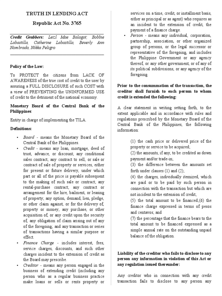 Truth in Lending Act Overview | PDF | Truth In Lending Act | Credit