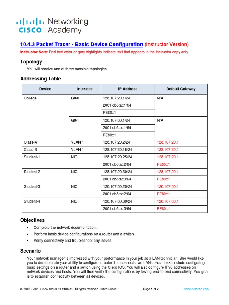 10.4.3 Packet Tracer - Basic Device Configuration | PDF