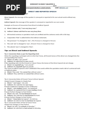 worksheet in grade 7 direct and reported speech pdf question verb