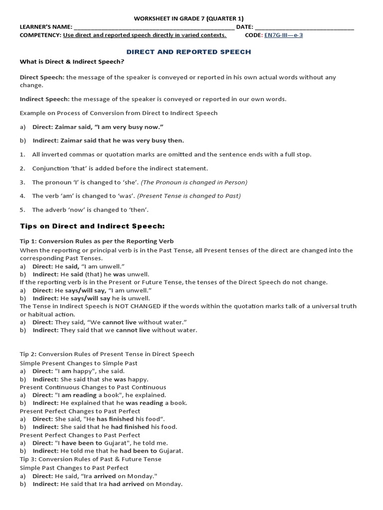 worksheet in grade 7 direct and reported speech pdf question verb