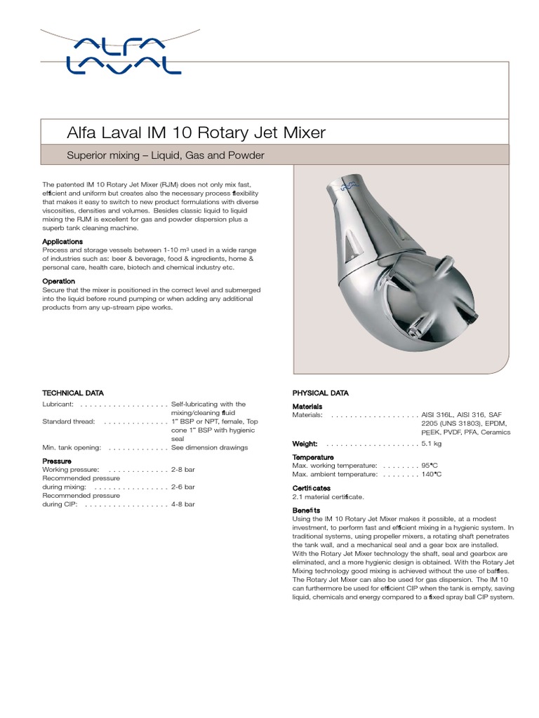 Alfa Laval IM 10 Rotary Jet Mixer Superior Mixing Liquid, Gas and