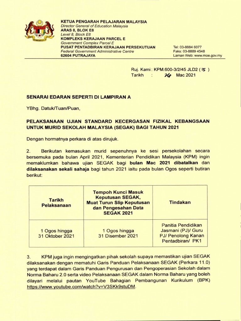 Surat Siaran Pelaksanaan Segak Bagi Tahun 2021 Pdf