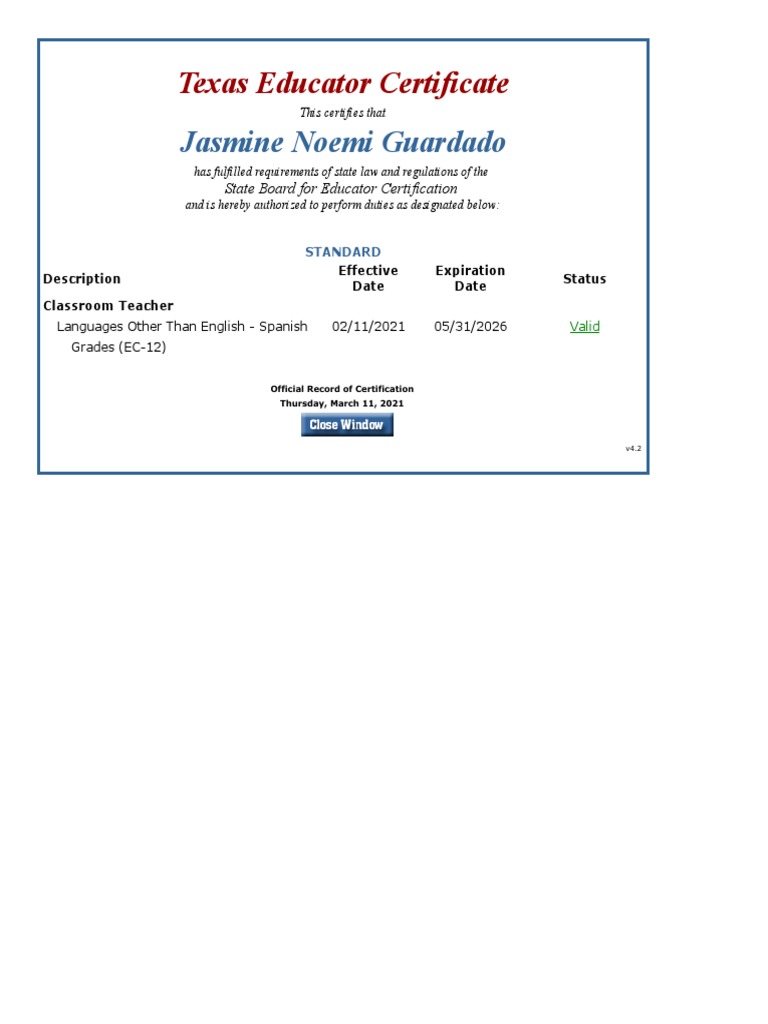 Sbec Official Record of Educator Certificate PDF