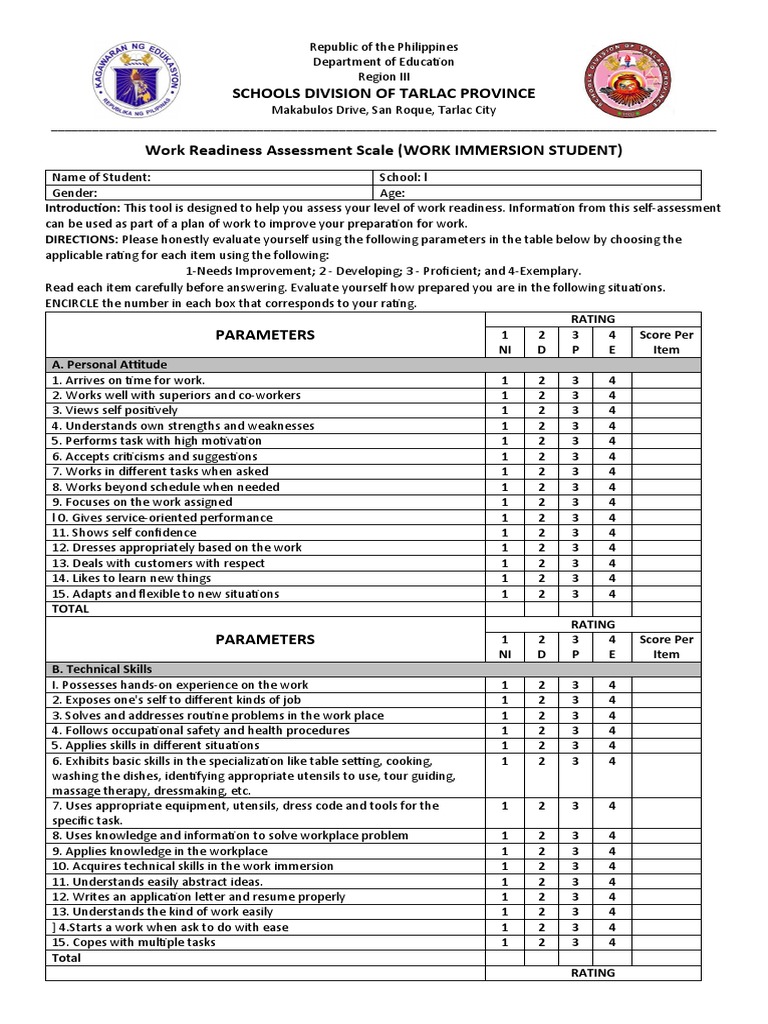 Work Readiness Assessment Scale PDF Skill Occupational Safety And