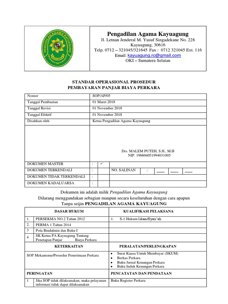 SOP Pembayaran Panjar Biaya Perkara PA Kayuagung | PDF