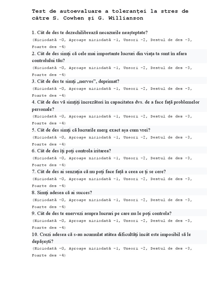 Test de Autoevaluare A Toleranței La Stres de Către S | PDF