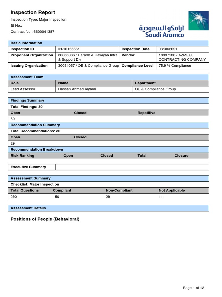 Major Inspection Report Summary | PDF | Seat Belt | Employment