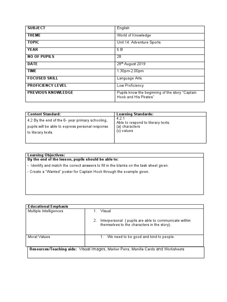 Lesson Plan Year 5 Lang Arts Week 11 | PDF | Lesson Plan | Teachers