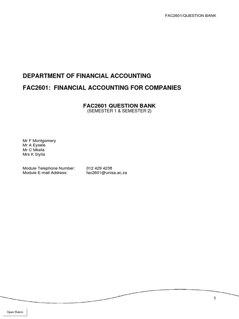 Department of Financial Accounting Fac2601: Financial Accounting