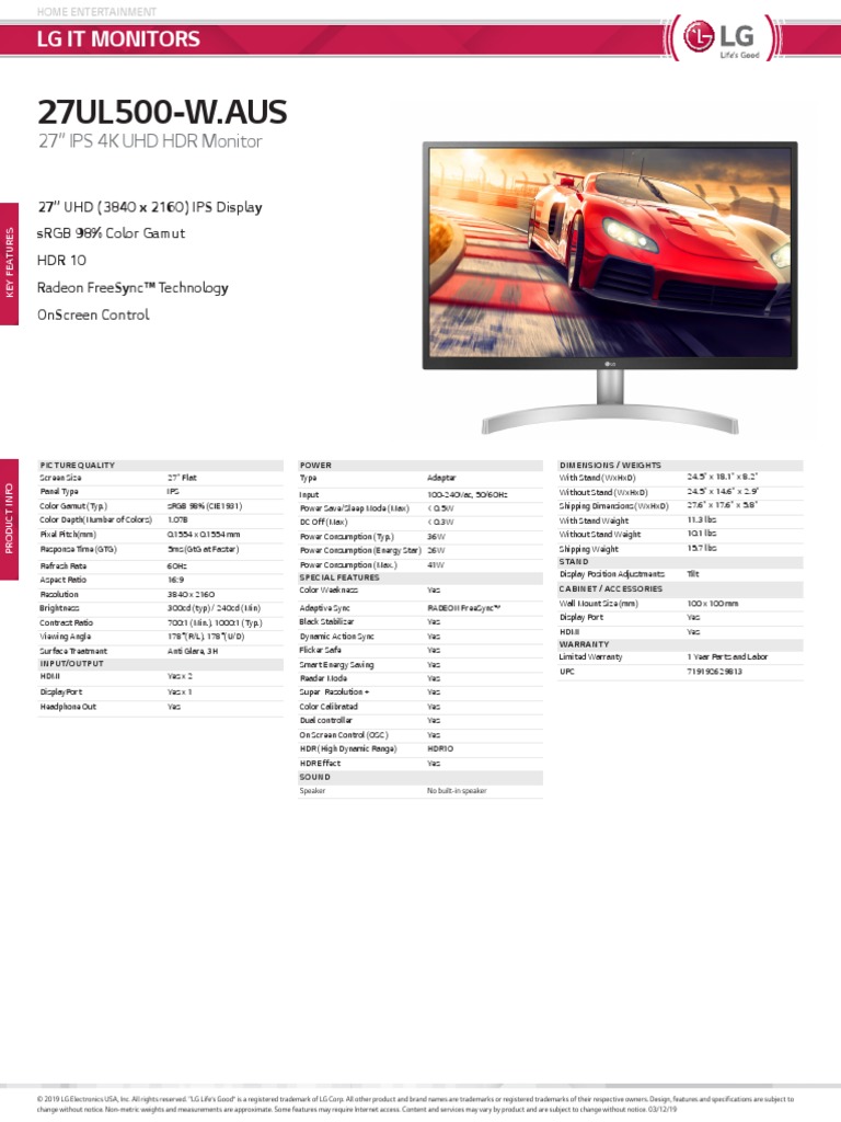 27UL500-W Spec Sheet, PDF, Computer Monitor