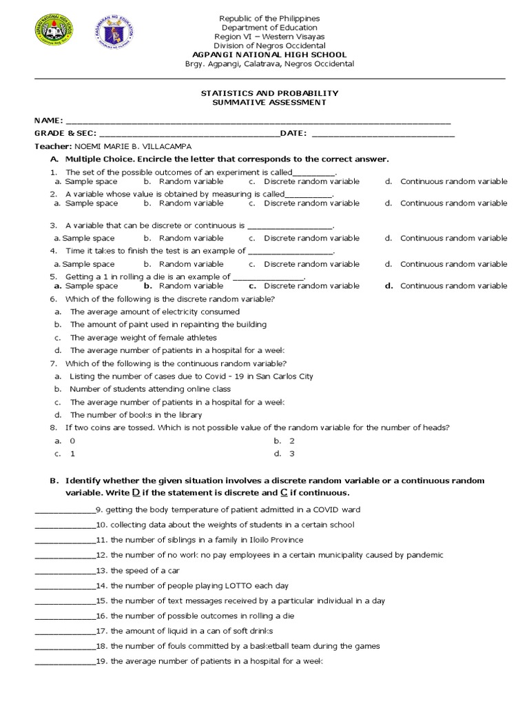 Grade 11 Statistics Assessment | PDF | Random Variable | Probability ...