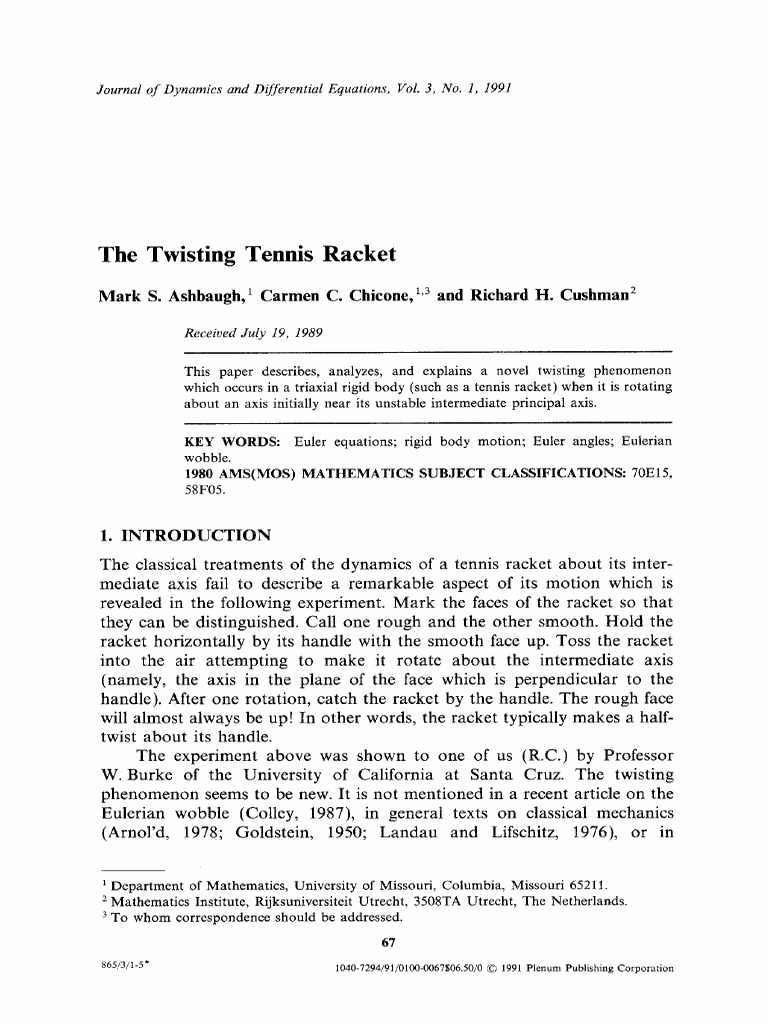 Twisting Dynamics of a Tennis Racket | PDF | Rotation | Plane (Geometry)