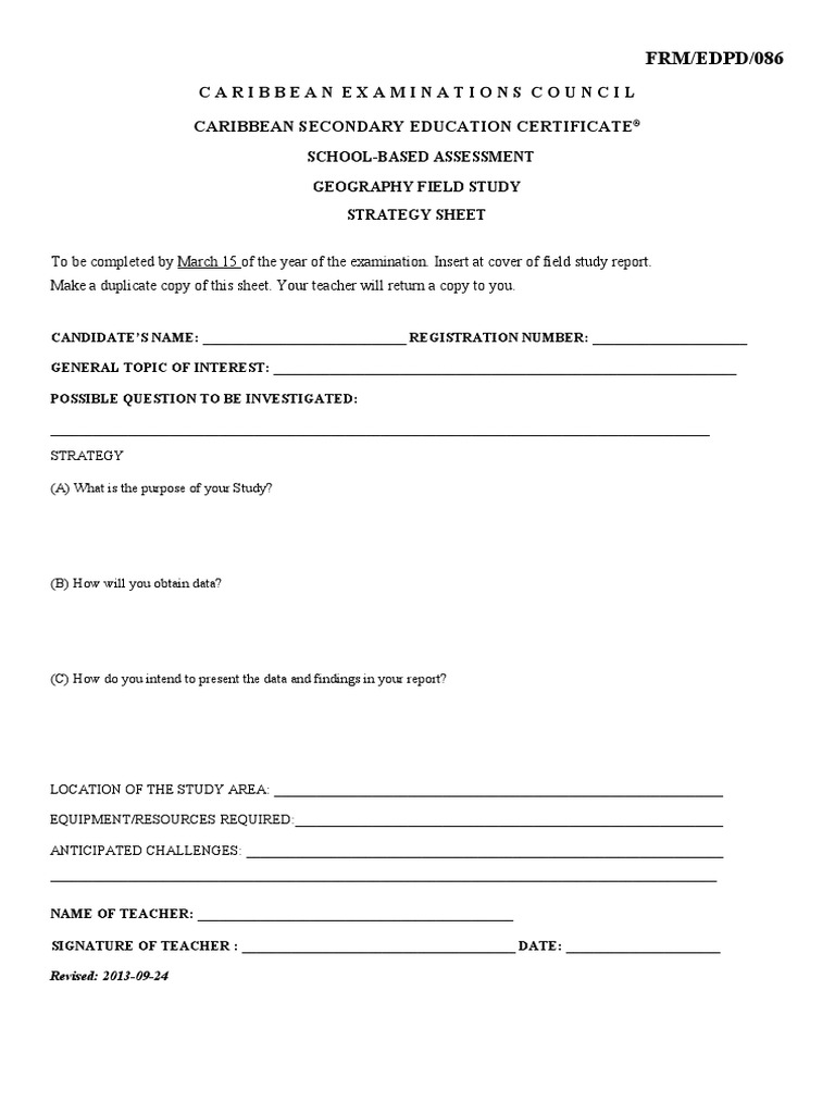 CSEC Geography FieldStudy SBA Strategy Sheet | PDF