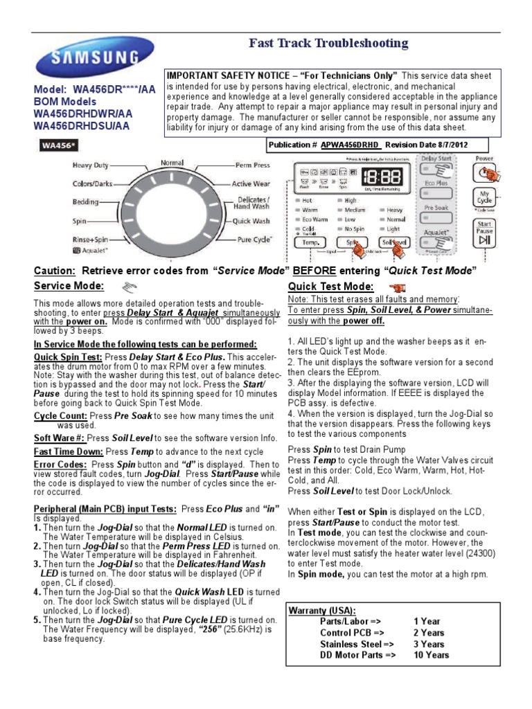Fast Track Troubleshooting Model WA456DR /AA BOM Models Wa456Drhdwr