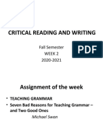 Critical Reading and Writing: Fall Semester Week 2 2020-2021