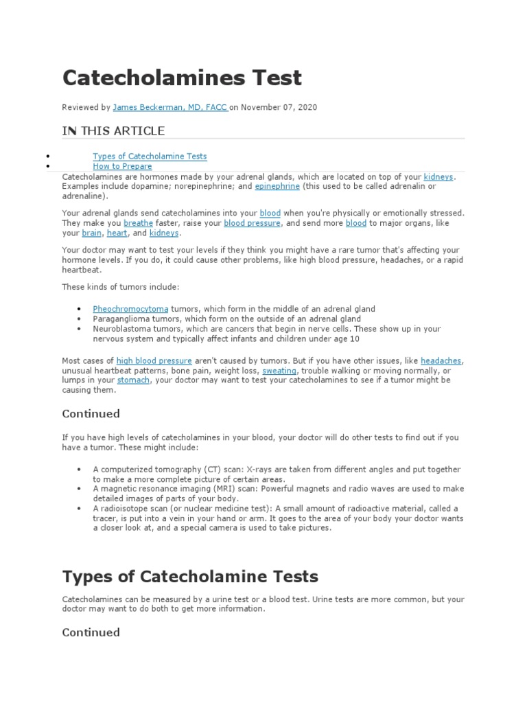 Catecholamines Test Types of Catecholamine Tests PDF Adrenal Gland