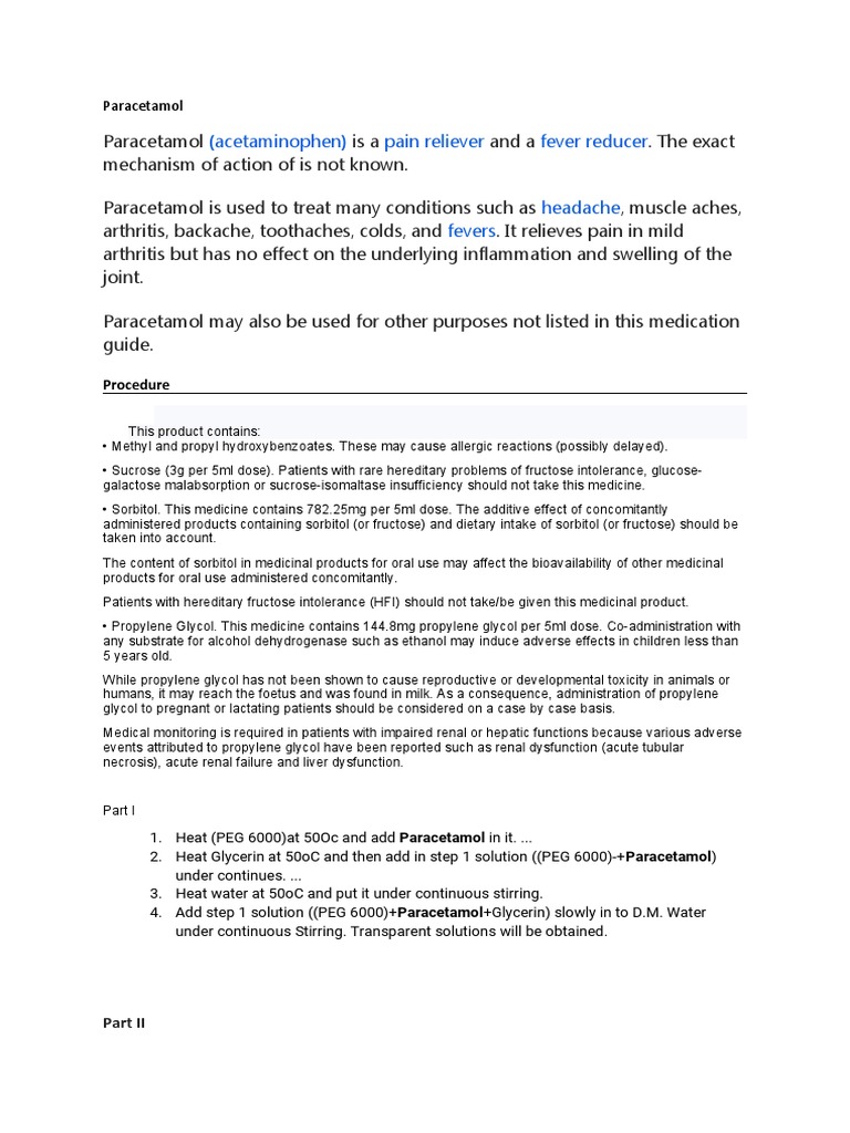 (Acetaminophen) Pain Reliever Fever Reducer Headache Fevers