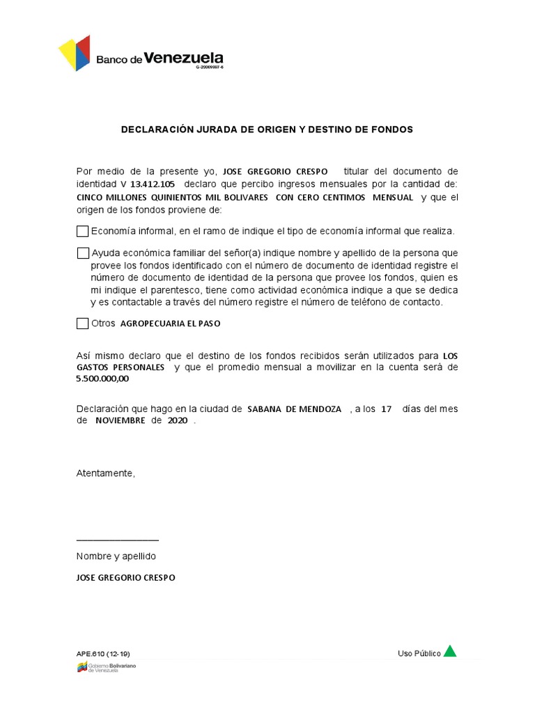 Declaracion Jurada Banco de Venezuela | PDF