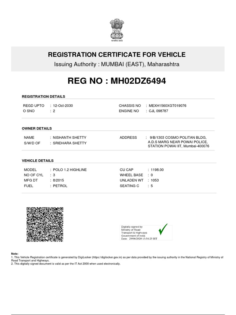 REG NO: MH02DZ6494: Registration Certificate For Vehicle | PDF | Land ...