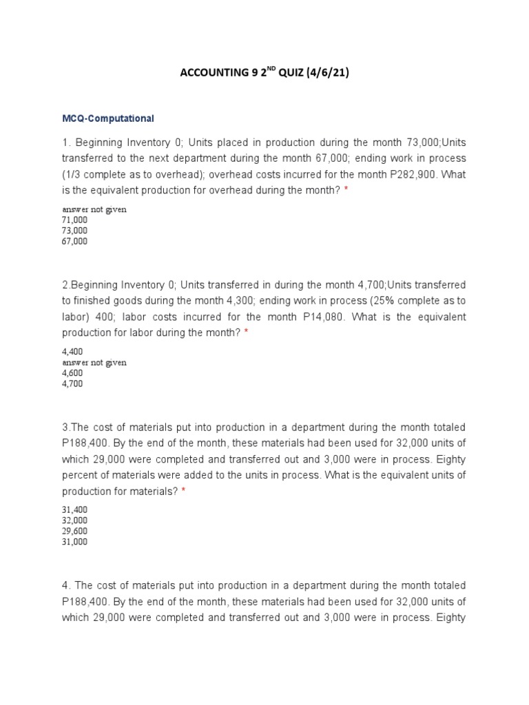 Process Costing Problems Pdf Inventory Business Process
