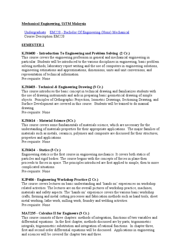 Course Descriptions Mechanical Engineering Engineering Materials