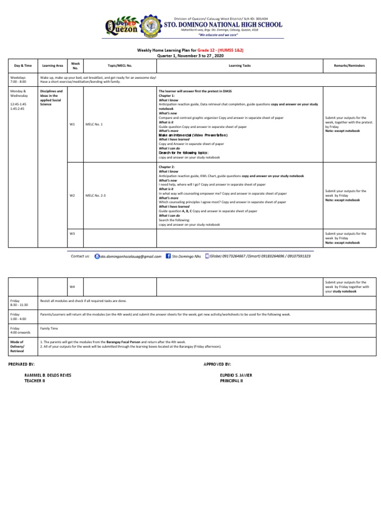 Weekly Home Learning Plan For Quarter 1, November 3 To 27, 2020 | PDF ...