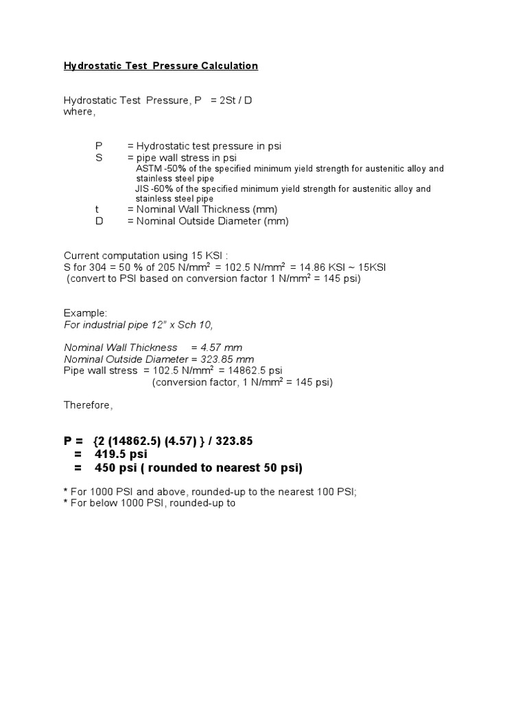 Hydrostatic Test Pressure Calculation PDF Pounds Per Square Inch