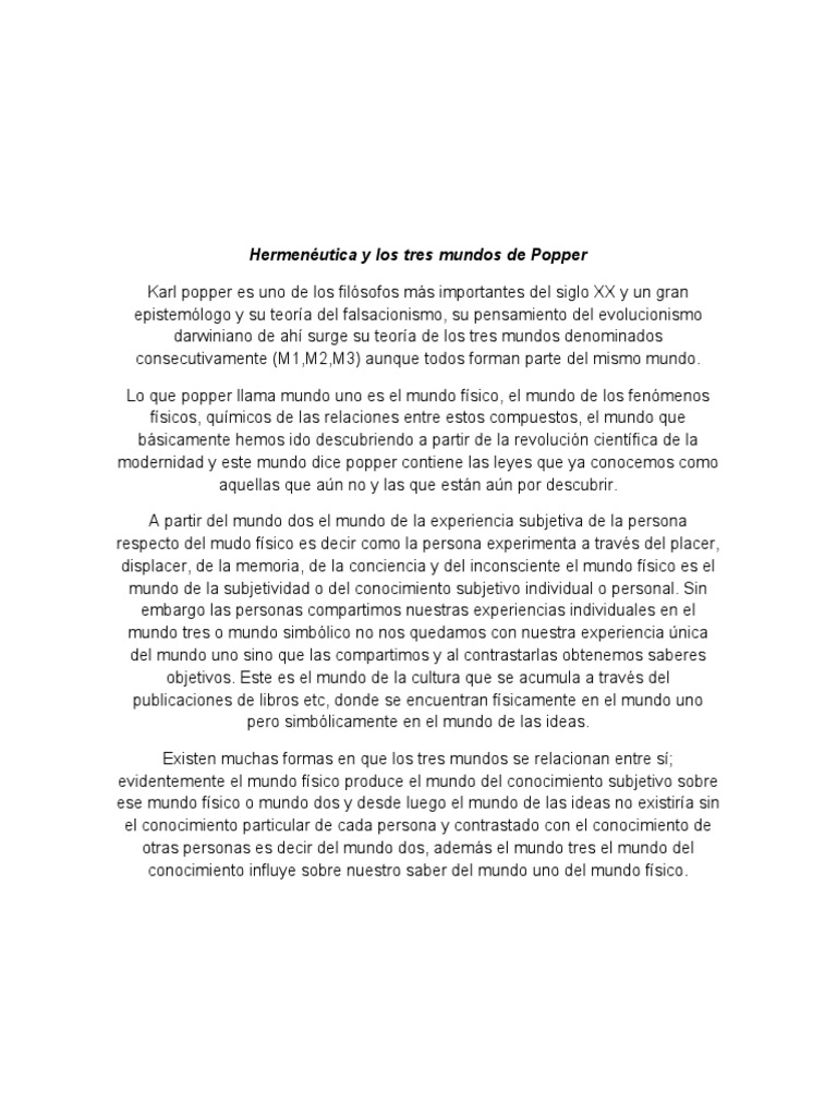 Hermenéutica y Los Tres Mundos de Popper PDF Karl Popper Conocimiento