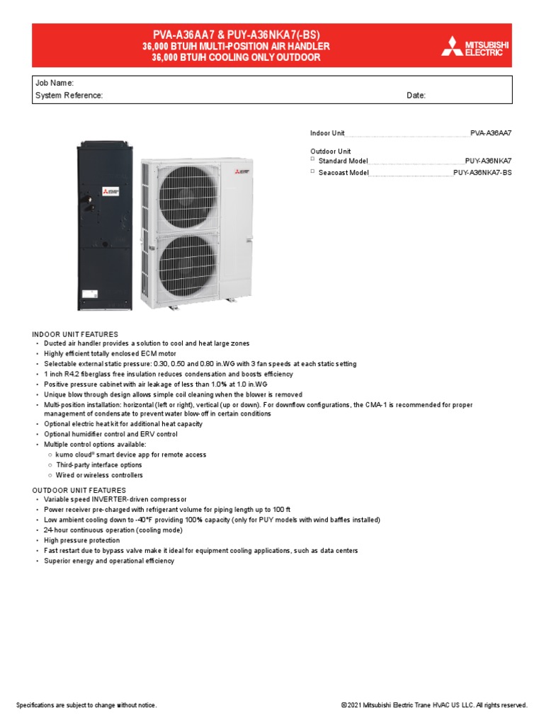 M Submittal PvaA36aa7 PuyA36nka7 Bs en PDF Air Conditioning