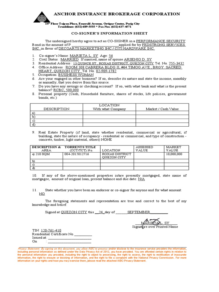 Anchor Insurance Brokerage Corporation CoSigner'S Information Sheet