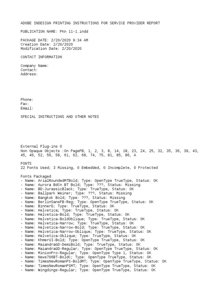 Adobe InDesign Printing Instructions and Font Package for PKn 111