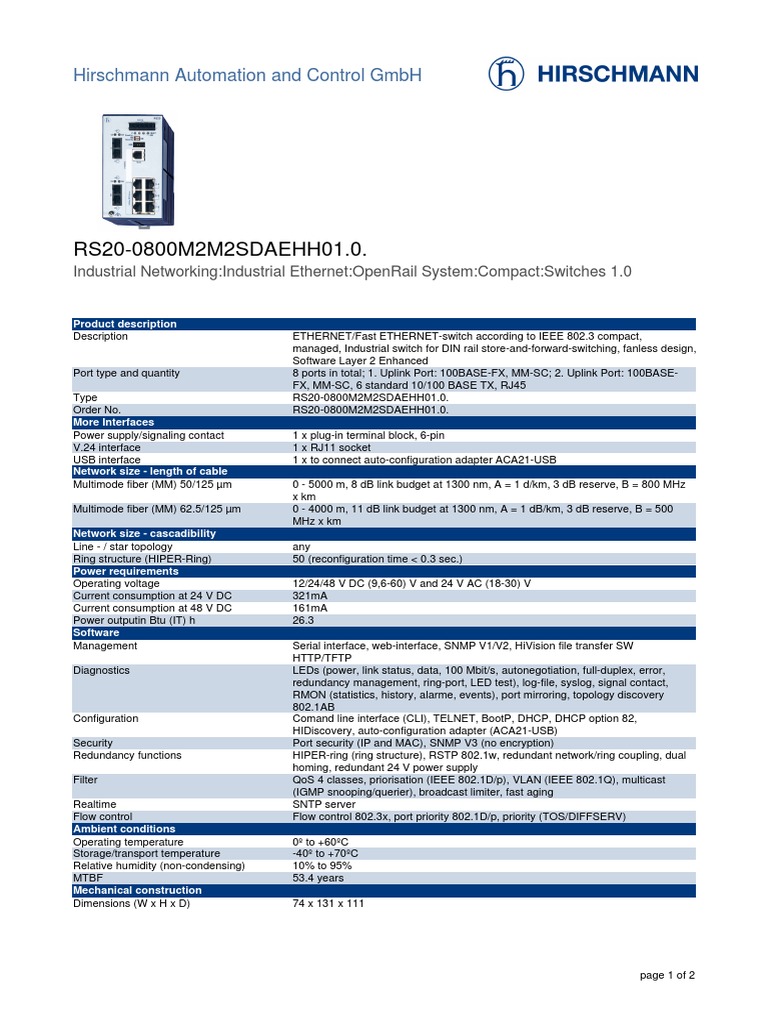 Hirschmann RS20-0800M2M2SDAE Switch Guide | PDF | Computer Standards ...