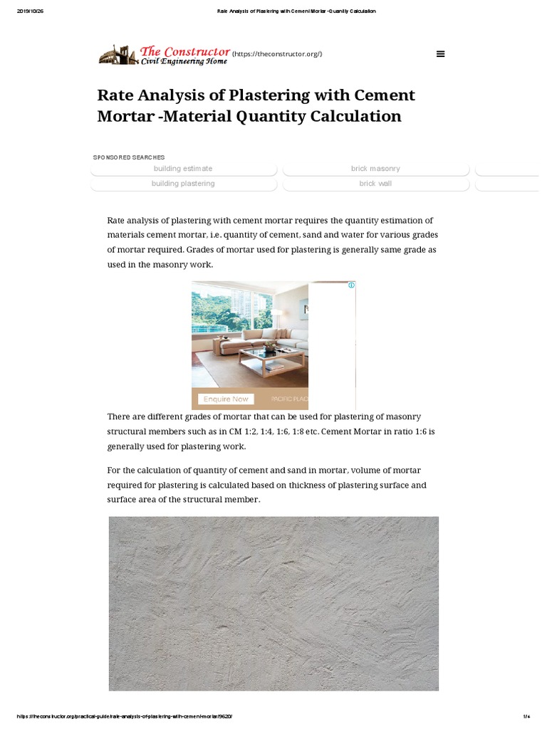 Rate Analysis of Plastering With Cement Mortar Quantity Calculation PDF Mortar (Masonry