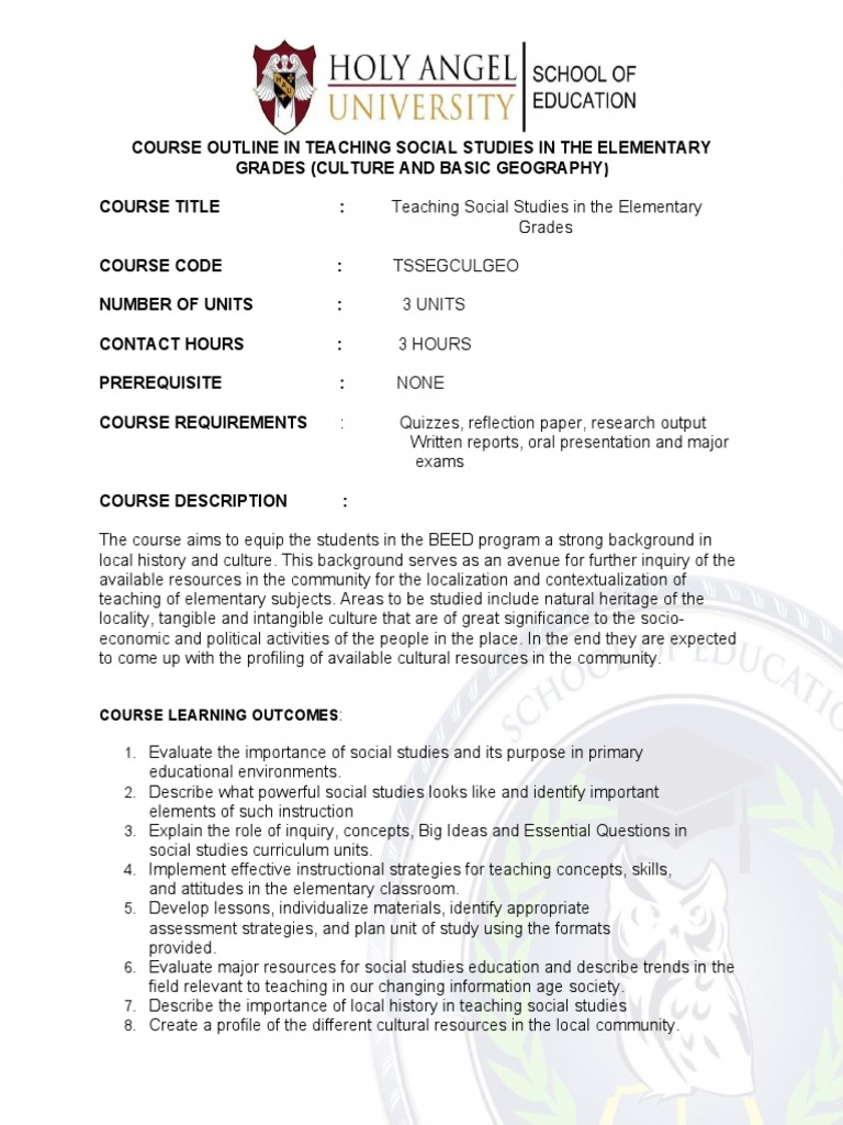 Course Outline in Teaching Social Studies in The Elementary Grades