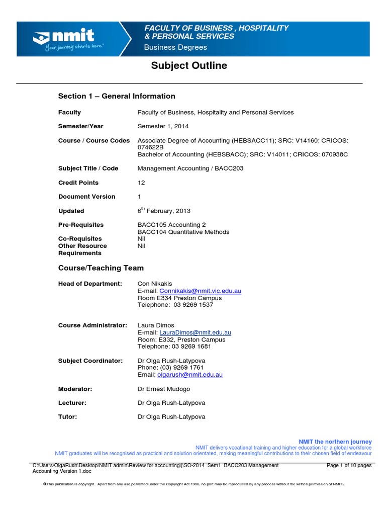 Subject Outline: Section 1 - General Information | PDF | Management ...