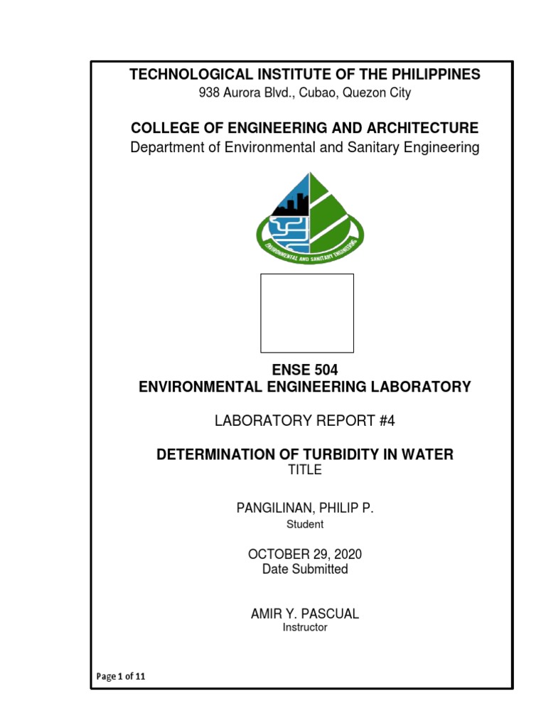Lab Report 4 Determination of Turbidity of Water Pangilinan PDF