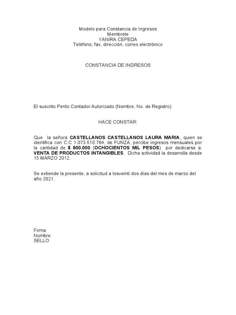 Modelo Carta de Ingresos | PDF