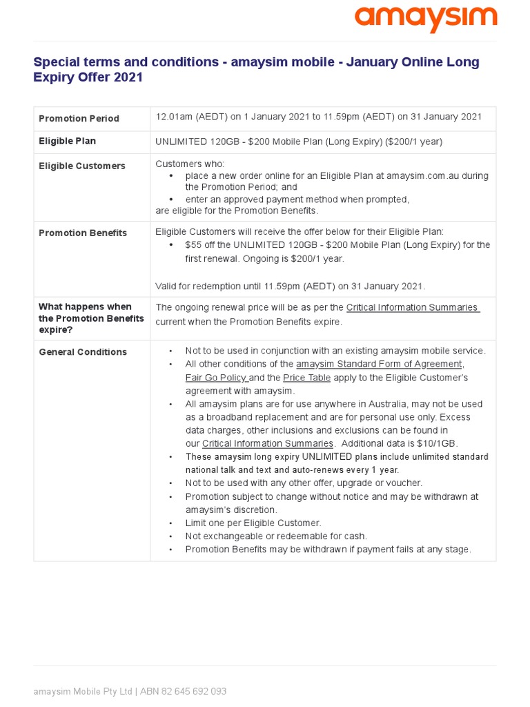 Amaysim Promotion Terms - Jan Online LE Offer 21 | PDF | Finance ...