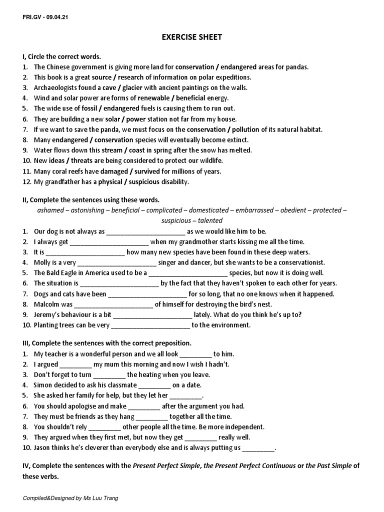 Exercise Sheet on Conservation and Language | PDF | Natural Environment ...