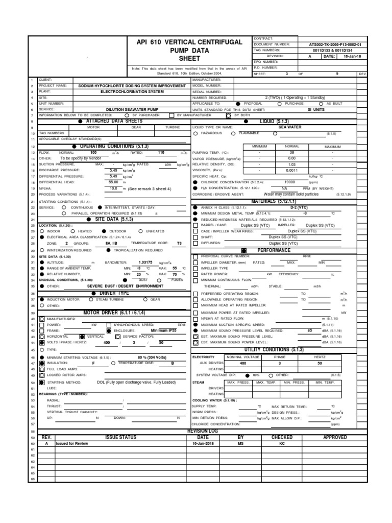 Dilution Seawater Pump Data Sheet for Sodium Hypochlorite Dosing System Improvement Project