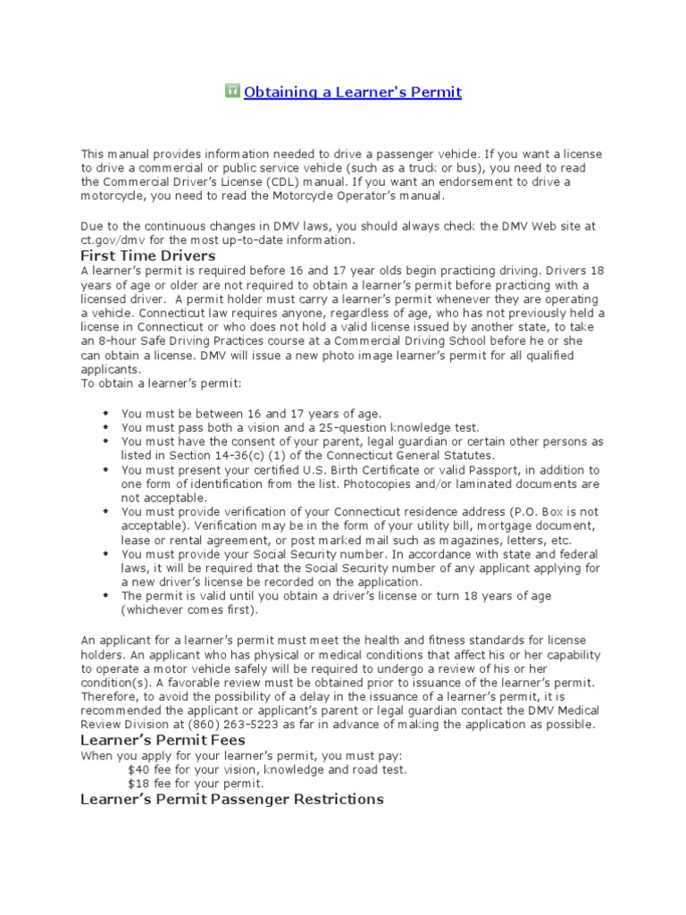How to Obtain a Learner's Permit in CT | PDF | Driver's License | Seat Belt
