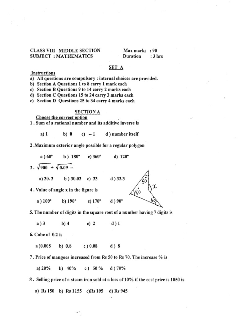 CBSE Class 8 Mathematics Question Paper Set B PDF