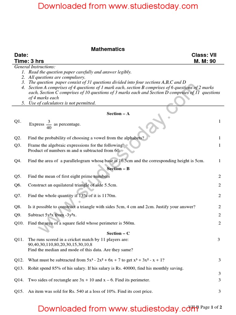 CBSE Class 7 Mathematics Question Paper Set D 0 PDF Area Rectangle