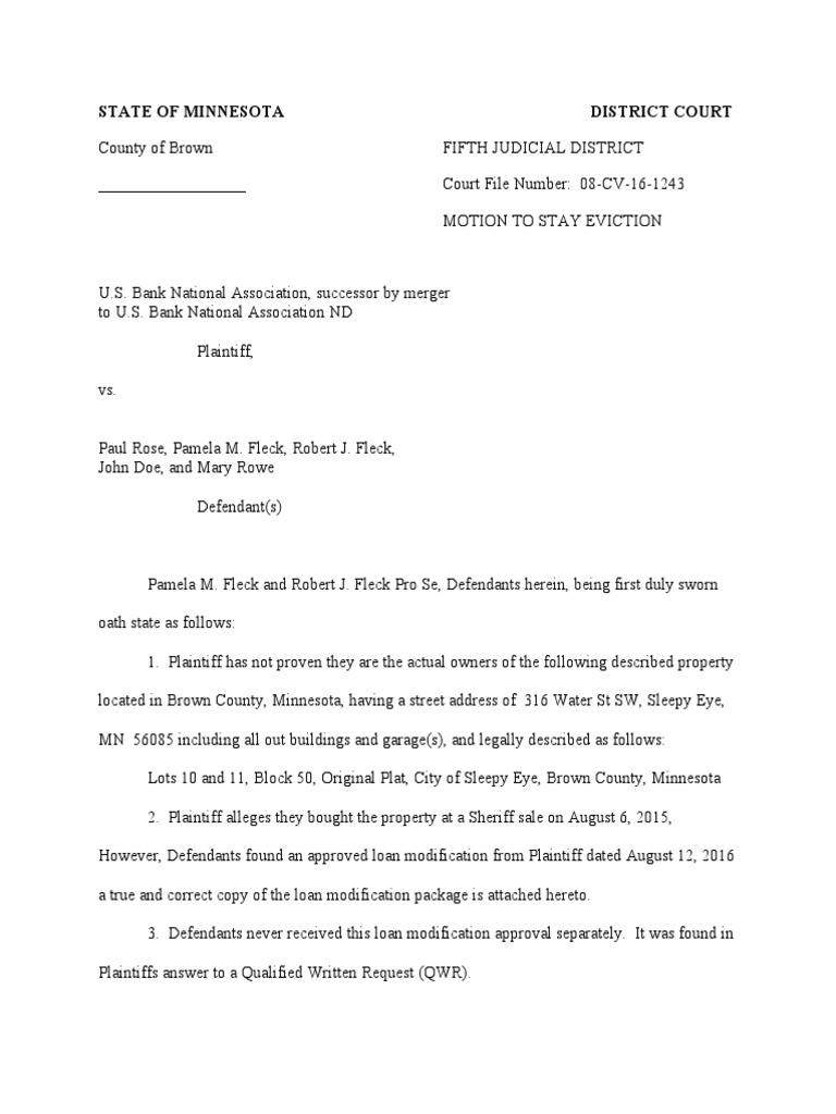 Motion to Stay Eviction and Request Restitution of Property Based on Undisclosed Loan