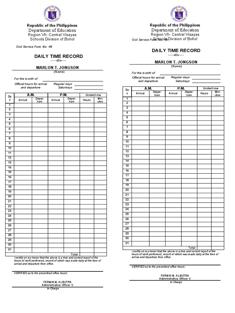 Daily Time Record Daily Time Record Department of Education Department of Education PDF